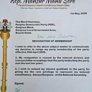 ‎Mansur Manu Soro, has defected from PDP